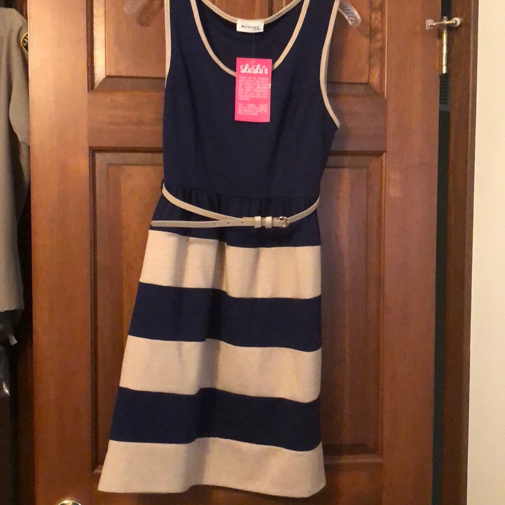 Navy and tan stripe knit dress